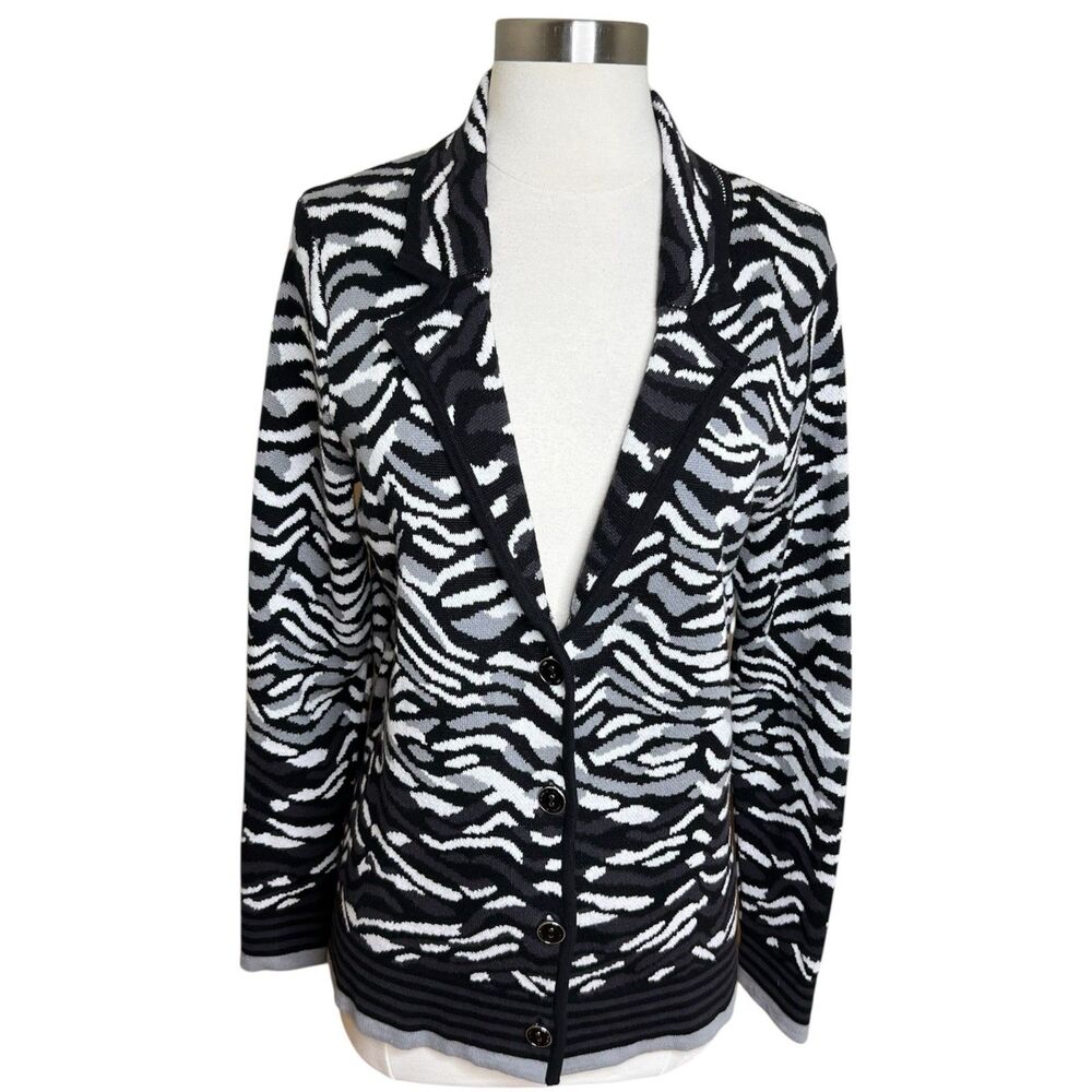3/$25 Isaac Mizrahi Live Cardigan Womens M Black Zebra Jacquard Button Front